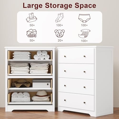 HOUSUIT White Dresser, 4 Drawer Dressers Chest of Drawers, Modern Tall Dresser, Wood Drawer Chest Storage Cabinet for Living Room, Hallway, Entryway, Home Office, Ivory White
