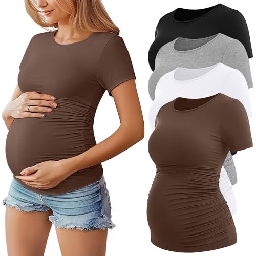 Huukeay 4 Pack Women's Maternity Shirts, Crew Neck Maternity Top Short Sleeve Casual Cotton Tee Side Ruched Pregnancy Clothes