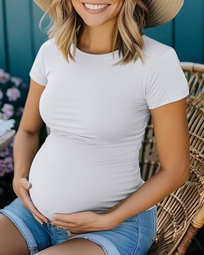 Huukeay 4 Pack Women's Maternity Shirts, Crew Neck Maternity Top Short Sleeve Casual Cotton Tee Side Ruched Pregnancy Clothes