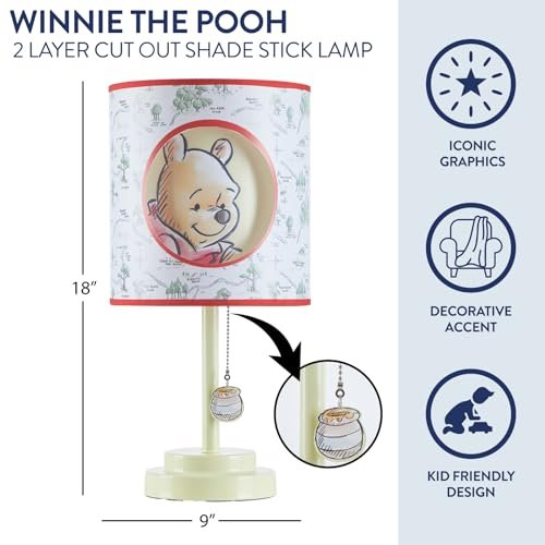 Idea Nuova Disney Winnie The Pooh 2 Layer Cut Out Shade Stick Table Lamp with Figural Pull Chain and Themed Printed Decorative Shade