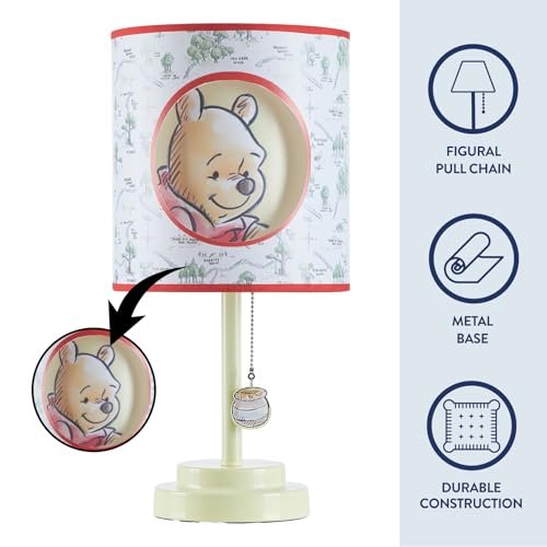 Idea Nuova Disney Winnie The Pooh 2 Layer Cut Out Shade Stick Table Lamp with Figural Pull Chain and Themed Printed Decorative Shade