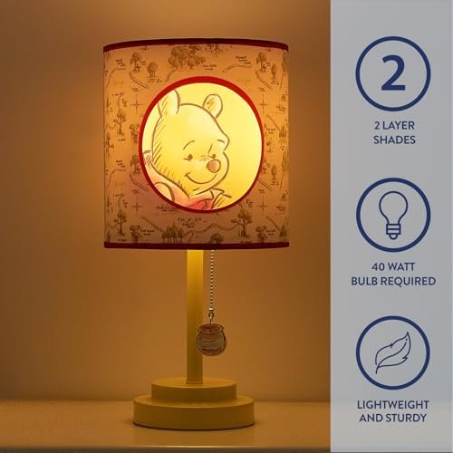 Idea Nuova Disney Winnie The Pooh 2 Layer Cut Out Shade Stick Table Lamp with Figural Pull Chain and Themed Printed Decorative Shade