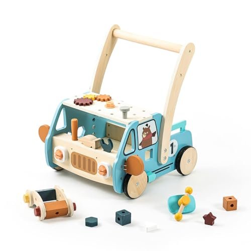 IEATFO Wooden Baby Walker Adjustable Height with Tool Bench and Toy Storage Wagon - Multifunctional Toddler Push Walker Ergonomically Designed for Natural Walking - 3+ Years of Continuous Use