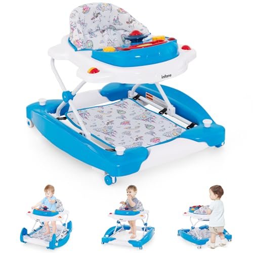 INFANS Baby Walker, 5 in 1 Behind Walker Learning Seated Rocker Bouncer with Removable Music Tray, Adjustable Height, Washable Seat Cushion, Foldable Activity Center for Toddlers (Unicorn)
