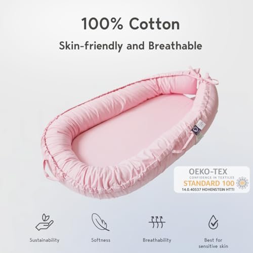 Infant Lounger, Baby Nest Cover for Baby Girls & Boys, Newborn Essentials for Baby 0-12 Months, 100% Cotton Breathable, Co Sleeper Portable Travel Bed (Misty_Rose)