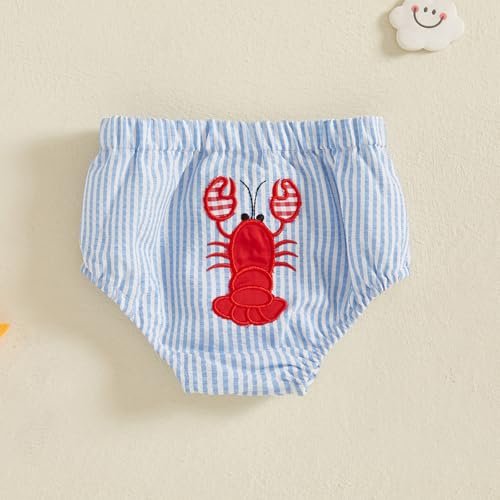 Infant Newborn Baby Boy Summer Outfit Lobster Crawfish Bubble Shorts Striped Diaper Cover Bloomers Smocked Clothes