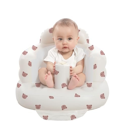 Inflatable Baby Seat for Babies 3-36 Months, Built in Air Pump Baby Chair Sit Me up Floor Seat for Baby, Bumbo Seat for Learning to Sit, Feeding, Camping (Bear)