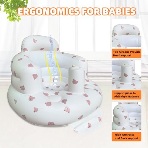 Inflatable Baby Seat for Babies 3-36 Months, Built in Air Pump Baby Chair Sit Me up Floor Seat for Baby, Bumbo Seat for Learning to Sit, Feeding, Camping (Bear)