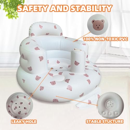 Inflatable Baby Seat for Babies 3-36 Months, Built in Air Pump Baby Chair Sit Me up Floor Seat for Baby, Bumbo Seat for Learning to Sit, Feeding, Camping (Bear)