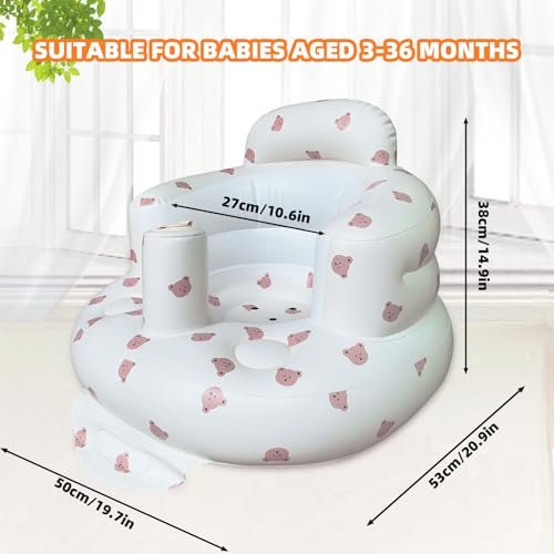 Inflatable Baby Seat for Babies 3-36 Months, Built in Air Pump Baby Chair Sit Me up Floor Seat for Baby, Bumbo Seat for Learning to Sit, Feeding, Camping (Bear)
