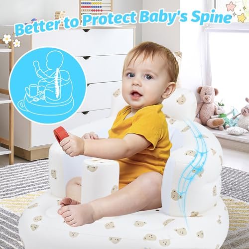 Inflatable Baby Seat for Babies 3 Months and Up, Toddler Floor Seats for Sitting Up, Built in Air Pump Baby Seats for Kids, Blow Up Baby Chair with Back Support - Cute Bear