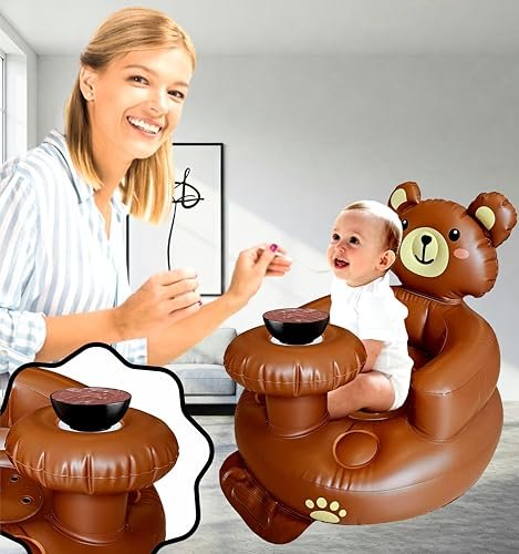 Inflatable Baby Seat with Tray – Comfortable Sit-Me-Up Chair, Built-in Air Pump, Soft Blow-Up Floor Seat with Back Support for Infants Learning to Sit 3 Months & Up (Bear)