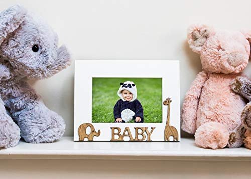 Isaac Jacobs Wood Sentiments “Baby” Picture Frame, 4x6 inch, Photo Gift for Family, Tabletop, Desktop Display & Wall Display, Animal Cutout Details (White)