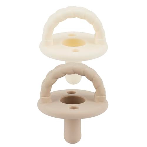 Itzy Ritzy Silicone Pacifiers for Ages 6-18 Months - Itzy Soother Pacifiers Feature Collapsible Handle & Two Air Holes for Added Safety; Set of 2 in Toast & Buttercream, Ages 6-18 Months