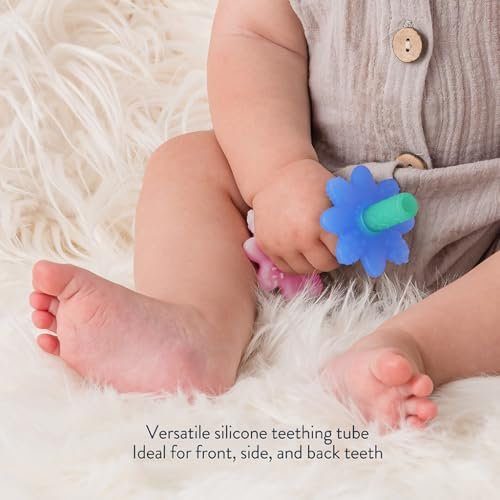Itzy Ritzy Teensy Tube Teether; Textured Hollow Baby Teething Tube That Reaches Front Teeth & Back Molars, Made of Soft Silicone (Pink Rainbow)