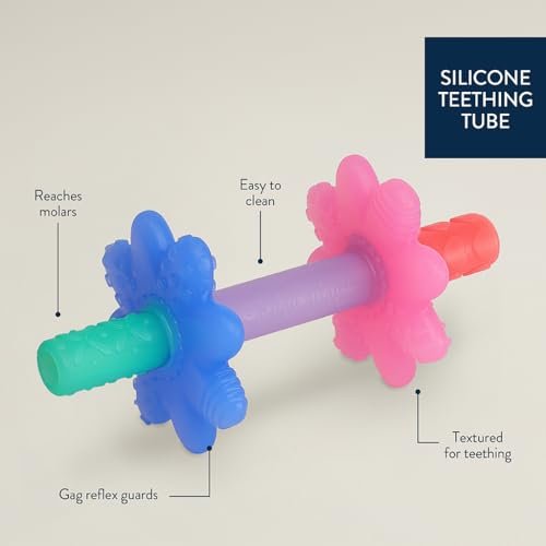 Itzy Ritzy Teensy Tube Teether; Textured Hollow Baby Teething Tube That Reaches Front Teeth & Back Molars, Made of Soft Silicone (Pink Rainbow)