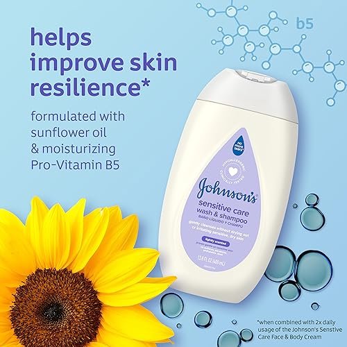 Johnson's Sensitive Care Baby Body Wash & Shampoo, Daily Moisturizing 2-in-1 Baby Wash & Shampoo to Gently Cleanse Dry, Sensitive Skin, Lightly Scented, Tear-Free, Hypoallergenic, 13.6 fl. oz