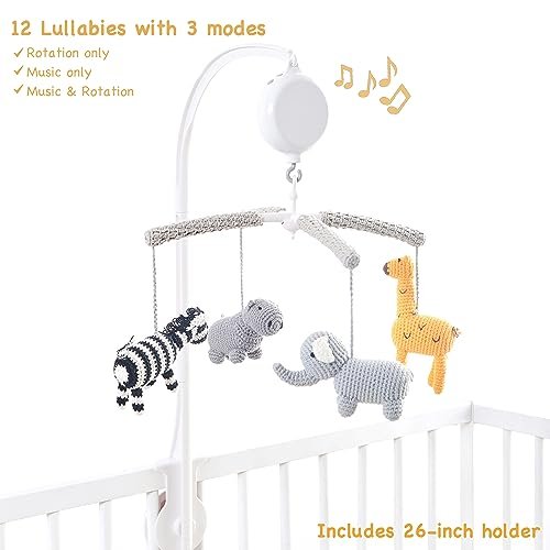 Joliecraft Woodland Safari Musical Baby Crib Mobile, Handmade Nursery Mobile Decor in White and Gray
