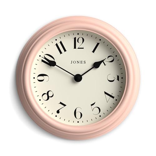 JONES CLOCKS® 'Frieze' Wall Clock – Small Round Contemporary Classic Round Clock in Pink, with Pretty Numbers, 23cm, Ideal for The Kitchen, Living Room, Office or Bedroom