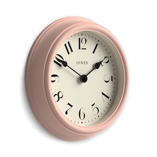 JONES CLOCKS® 'Frieze' Wall Clock – Small Round Contemporary Classic Round Clock in Pink, with Pretty Numbers, 23cm, Ideal for The Kitchen, Living Room, Office or Bedroom
