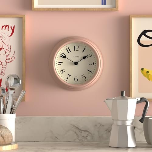 JONES CLOCKS® 'Frieze' Wall Clock – Small Round Contemporary Classic Round Clock in Pink, with Pretty Numbers, 23cm, Ideal for The Kitchen, Living Room, Office or Bedroom