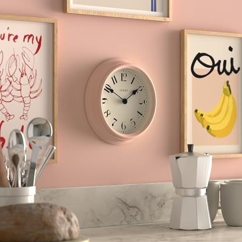 JONES CLOCKS® 'Frieze' Wall Clock – Small Round Contemporary Classic Round Clock in Pink, with Pretty Numbers, 23cm, Ideal for The Kitchen, Living Room, Office or Bedroom