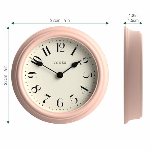 JONES CLOCKS® 'Frieze' Wall Clock – Small Round Contemporary Classic Round Clock in Pink, with Pretty Numbers, 23cm, Ideal for The Kitchen, Living Room, Office or Bedroom