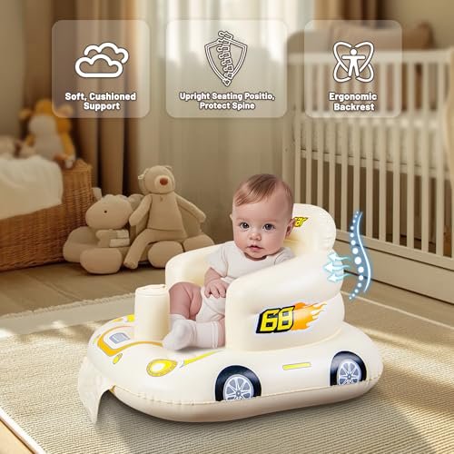 JOSEN Inflatable Seat for Babies 3 Months & Up, Baby Floor Seat Learn to Sit Up, Portable Infant Feeding Shower Chair, Blow Up Baby Chair with Built-in Air Pump - Cool Car