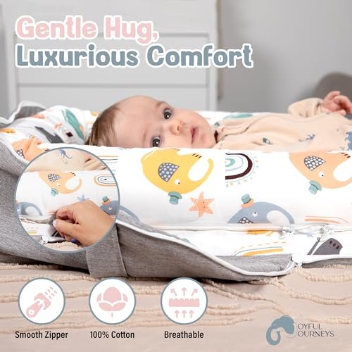 Joyful Journeys Baby Lounger - 2 in 1 Infant Lounger Baby Nest/Diaper Organizer - 100% Cotton Lounger Pillow - Portable Baby Lounger Travel Bed - Newborn Essential - 0-18 Months (Neutral Elephants)
