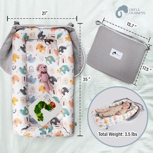 Joyful Journeys Baby Lounger - 2 in 1 Infant Lounger Baby Nest/Diaper Organizer - 100% Cotton Lounger Pillow - Portable Baby Lounger Travel Bed - Newborn Essential - 0-18 Months (Neutral Elephants)