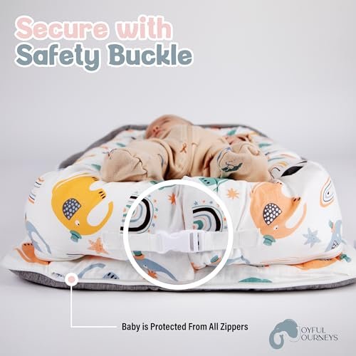 Joyful Journeys Baby Lounger - 2 in 1 Infant Lounger Baby Nest/Diaper Organizer - 100% Cotton Lounger Pillow - Portable Baby Lounger Travel Bed - Newborn Essential - 0-18 Months (Neutral Elephants)