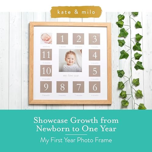 Kate & Milo My First Year Picture Frame, Baby's First Twelve Months Photo Collage and Gender Neutral Keepsake, Ideal for Baby Shower, New Mom Gift and Nursery Decor, Wood