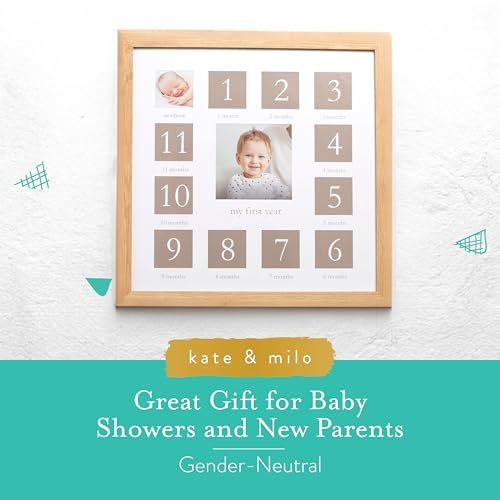 Kate & Milo My First Year Picture Frame, Baby's First Twelve Months Photo Collage and Gender Neutral Keepsake, Ideal for Baby Shower, New Mom Gift and Nursery Decor, Wood