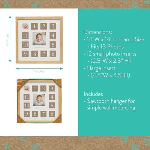 Kate & Milo My First Year Picture Frame, Baby's First Twelve Months Photo Collage and Gender Neutral Keepsake, Ideal for Baby Shower, New Mom Gift and Nursery Decor, Wood