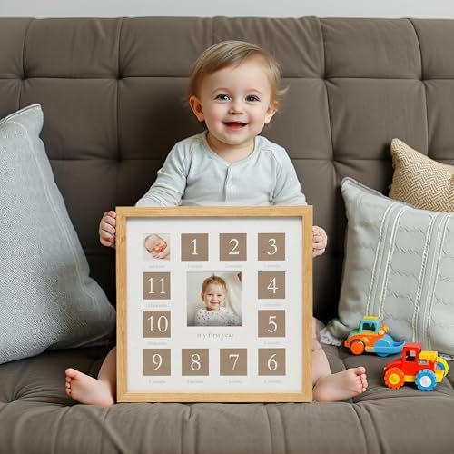 Kate & Milo My First Year Picture Frame, Baby's First Twelve Months Photo Collage and Gender Neutral Keepsake, Ideal for Baby Shower, New Mom Gift and Nursery Decor, Wood