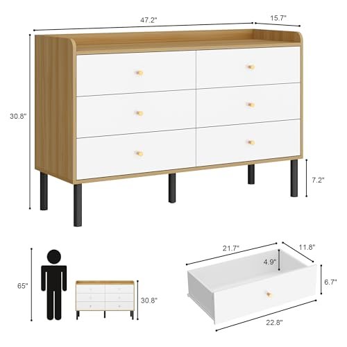 Kids Dresser for Bedroom, 6 Drawer Baby Dresser with Golden Handles, Modern Wood Chest for Hallway, Entryway, Nursery, White