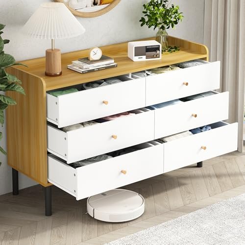 Kids Dresser for Bedroom, 6 Drawer Baby Dresser with Golden Handles, Modern Wood Chest for Hallway, Entryway, Nursery, White