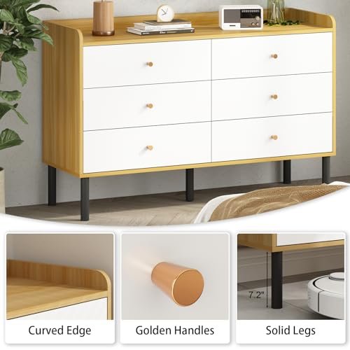 Kids Dresser for Bedroom, 6 Drawer Baby Dresser with Golden Handles, Modern Wood Chest for Hallway, Entryway, Nursery, White
