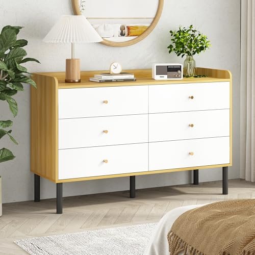 Kids Dresser for Bedroom, 6 Drawer Baby Dresser with Golden Handles, Modern Wood Chest for Hallway, Entryway, Nursery, White