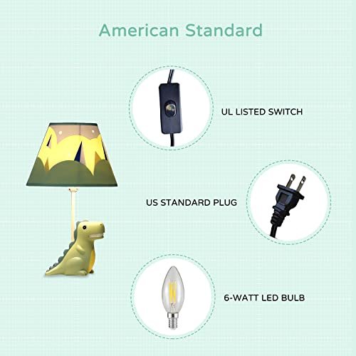 Kids Table Lamp, Dinosaur Lamp Design Bedside Table Lamp, 13 Inch Tall Desk Lamp with Barrel Lampshade for Boys Bedroom Décor, Come with an LED Bulb (Green Dinosaur)