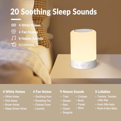 Kipcush Night Light White Noise Sound Machine, 20 Soothing Sleep Sounds. Portable Design for Bedroom, Office, Nursery, Travel, Up to 8 Hours Battery Life, Timer