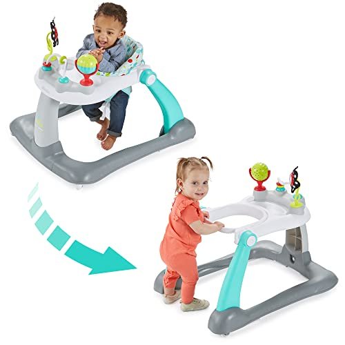 Kolcraft Tiny Steps 2 in 1 Foldable Infant and Baby Push Walker with Wheels, Seated or Walk-Behind Design, Entertaining Developmental Activities for Boys and Girls, Wide Base Sturdy Frame, Bubbles
