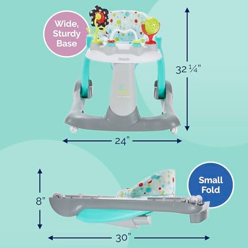 Kolcraft Tiny Steps 2 in 1 Foldable Infant and Baby Push Walker with Wheels, Seated or Walk-Behind Design, Entertaining Developmental Activities for Boys and Girls, Wide Base Sturdy Frame, Bubbles