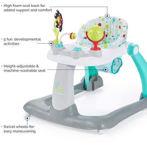 Kolcraft Tiny Steps 2 in 1 Foldable Infant and Baby Push Walker with Wheels, Seated or Walk-Behind Design, Entertaining Developmental Activities for Boys and Girls, Wide Base Sturdy Frame, Bubbles