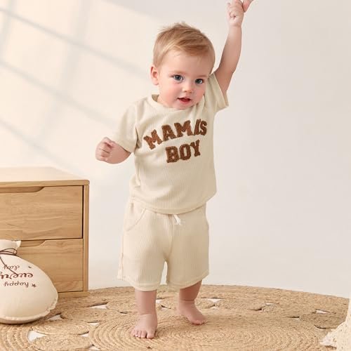 Kupretty Toddler Baby Boy Summer Clothes Embroiderey Waffle Knit Short Sleeve T-Shirt Tees + Casual Shorts Cute Clothing Set