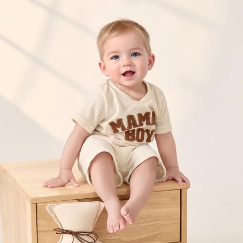 Kupretty Toddler Baby Boy Summer Clothes Embroiderey Waffle Knit Short Sleeve T-Shirt Tees + Casual Shorts Cute Clothing Set