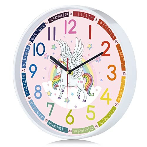 Lafocuse Modern Silent 12 Inch Colorful Unicorn Wall Clock for Kids Bedrooms, Classroom, Playroom Decor
