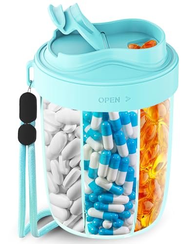 Large Pill Dispenser to Store 7 Various Supplements - Pill Organizer & Supplement Organizer for Travel, Anti-Mixing Design, BPA-Free with Strap & 20 Sticky Labels (Blue)