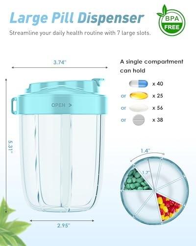 Large Pill Dispenser to Store 7 Various Supplements - Pill Organizer & Supplement Organizer for Travel, Anti-Mixing Design, BPA-Free with Strap & 20 Sticky Labels (Blue)