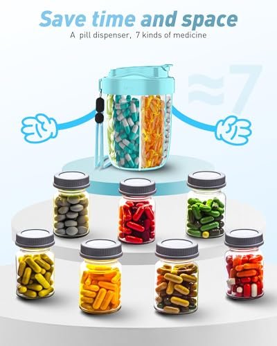 Large Pill Dispenser to Store 7 Various Supplements - Pill Organizer & Supplement Organizer for Travel, Anti-Mixing Design, BPA-Free with Strap & 20 Sticky Labels (Blue)